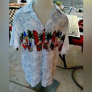 Casual White and Red Button Down Shirt with Tropical Design